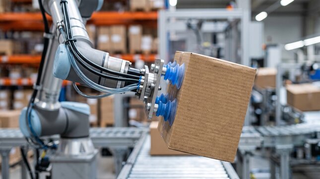 Industrial robotic arm lifting cardboard box in automated warehouse assembly line