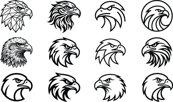 Eagle head mascot and logo collection featuring various styles like geometric low poly line art tribal and detailed sketch vector illustrations