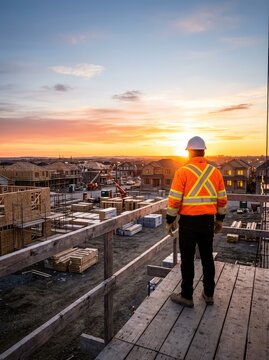Dedicated builder in reflective gear stands on a wooden platform overlooking a dynamic residential development during a warm golden hour sunset, builder, dusk, scaffolding
