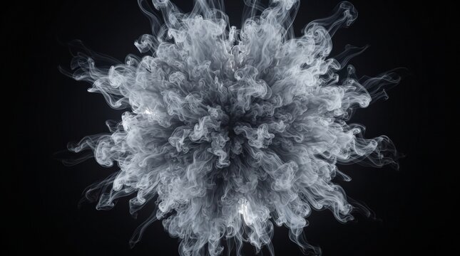 Dramatic smoke explosion on black background, circular white powder burst, abstract dust cloud shockwave for creative design overlays