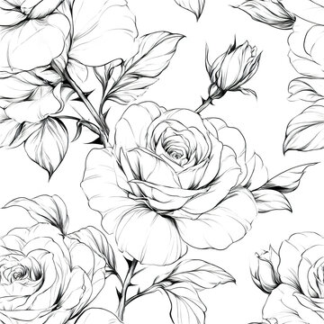 Monochrome rose pattern featuring detailed black floral outlines with elegant petals and leaves creating delicate natural