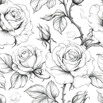Monochrome rose pattern featuring detailed black floral outlines with leaves and buds creating elegant seamless design