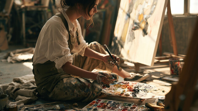 Professional artist sitting on floor mixing paint in sunlit creative studio with neutral background