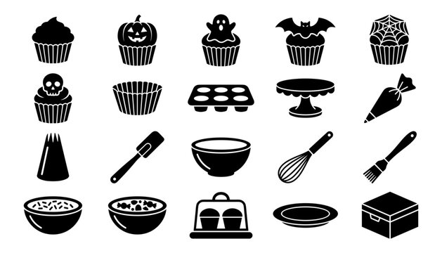 Halloween Baking Icons Set with Cupcakes, Skull, Spiderweb, and Pastry Tools