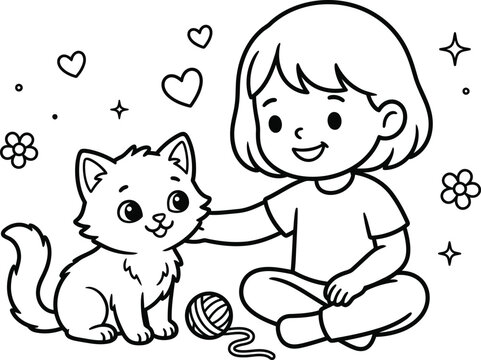 Cute Girl Playing With Cat Coloring Page Illustration