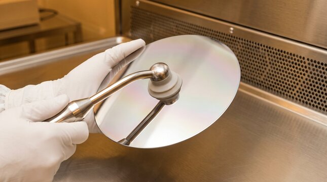 Silicon Wafer Semiconductor Handling with Cleanroom Vacuum Wand Device, High Tech Microchip Fabrication Laboratory Quality Control Hardware Manufacturing Microelectronics Precision Processing Concept