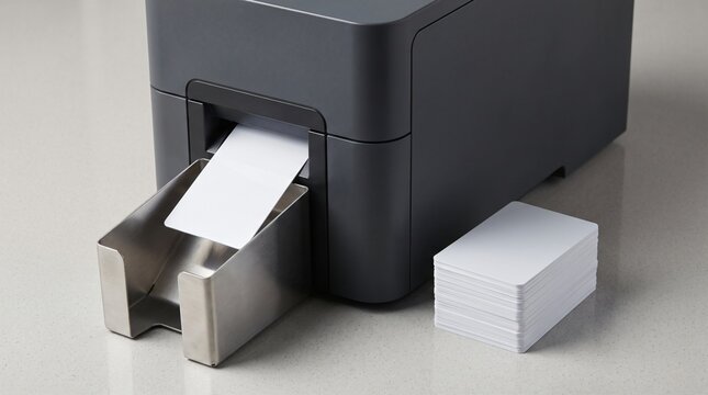 RFID Card Printer Station Ejecting Blank White PVC Keycard to Tray Box, Corporate Identification Badge Production Security Access System Facility Management Employee Credential Printing Concept View