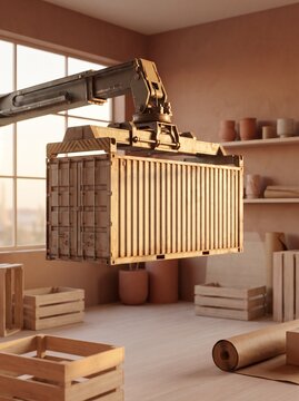Surreal conceptual art of a giant industrial crane lifting a shipping container inside a minimalist sunlit room, creative logistics metaphor, warm golden hour lighting, high-end interior design style