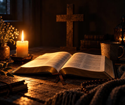 Open Bible by Candlelight with Christian Cross for Night Prayer and Spiritual Reflection