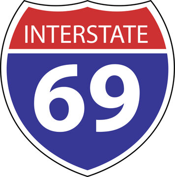 US Interstate 69 highway icon. US Interstate 69 highway sign with route number and text. Interstate highway 69 road symbol. flat style