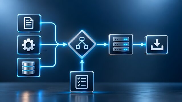 Glowing blue 3D system architecture flowchart diagram illustrating data processing workflow server network and automation concept on a dark background.