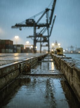 Industrial Port Terminal at Twilight with Heavy Rain and Cargo Cranes, Moody Rainy Weather at Shipping Dock with Wet Concrete Surface, Logistics and Global Trade Concept, Cinematic Bokeh Background