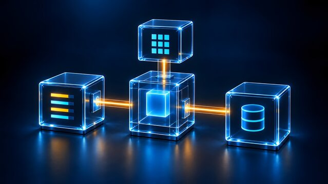 Futuristic modular cloud computing network with glowing glass servers illustrating data processing storage and database management.