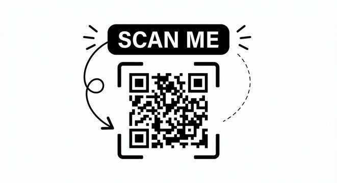 A black and white graphic featuring a QR code with a "SCAN ME" speech bubble and directional arrows on a white background.