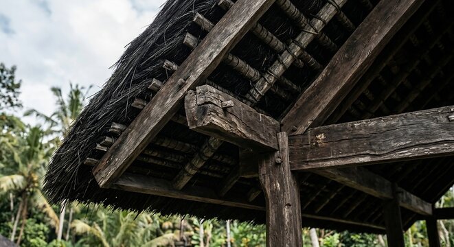 Rustic wooden roof structure with traditional thatch and exposed beams