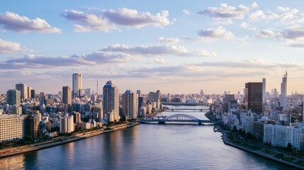 Fototapeta premium Aerial View of Urban Cityscape with River and Bridge Connecting Densely Populated Areas