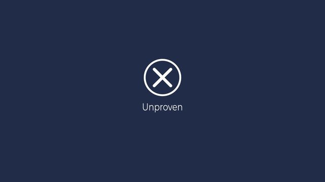 Unproven and unconfirmed concept with cross mark animation.  Crossed lines, denial concept, incorrect cross symbol animated red x mark for error or rejection.