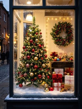 Festive winter shop window display with artificial snow, glowing lights, a pine tree, a wreath, gift boxes, baubles, red and white decor, pine tree, warm, decorative