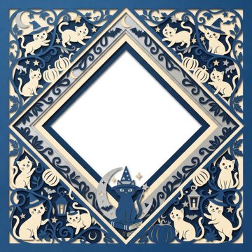 Diamond paper cut frame with Halloween cats, pumpkins, and witch hats