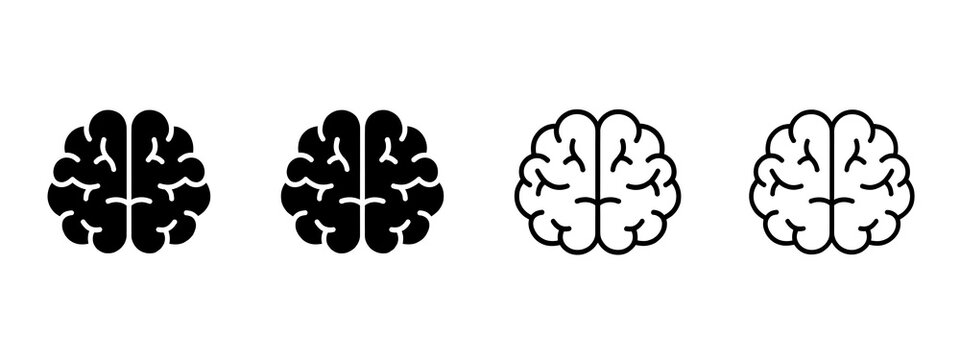 Four stylized brain icons arranged horizontally on a clean white background, featuring solid black and outlined black brain designs, symmetrical cerebral shapes with detailed neural folds.