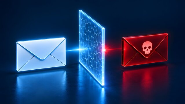 Cyber defense firewall blocking a dangerous red email with a skull icon from a safe glowing blue email representing spam filtering and phishing protection