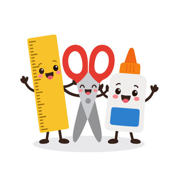 Cute smiling ruler scissors and glue bottle friends