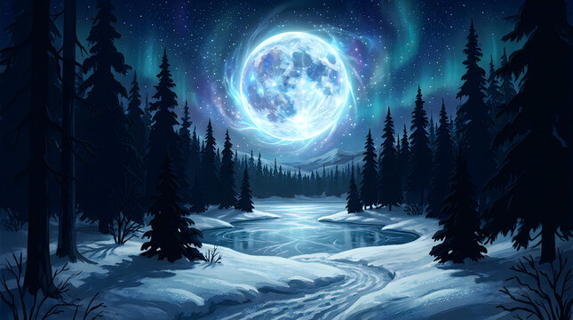 Frozen forest landscape with a bright full moon illuminating the snowy scene