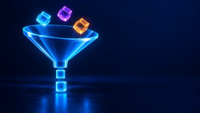 Glowing blue data funnel processing and filtering colorful floating cubes into organized uniform blue data blocks on a dark background