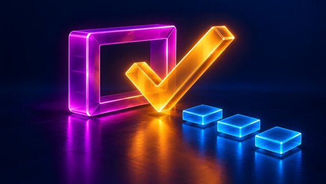 Glowing neon checkmark indicating successful data processing or completed digital tasks in a futuristic server environment