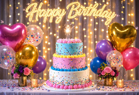 Colorful birthday celebration with cake and heartshaped balloons