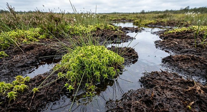 Vibrant green sphagnum moss grows in a wet northern peat bog landscape