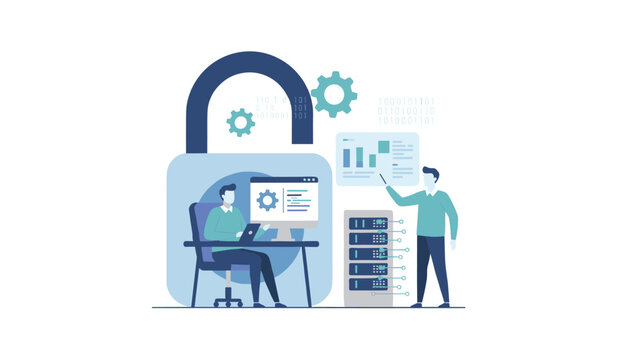 Cyber security and data management concept showing IT professionals configuring data servers under a padlock.