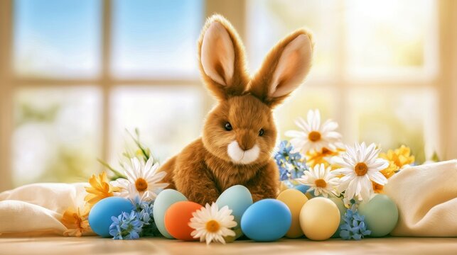 Adorable Easter Bunny Surrounded by Colorful Eggs and Fresh Flowers on Tabletop Setting