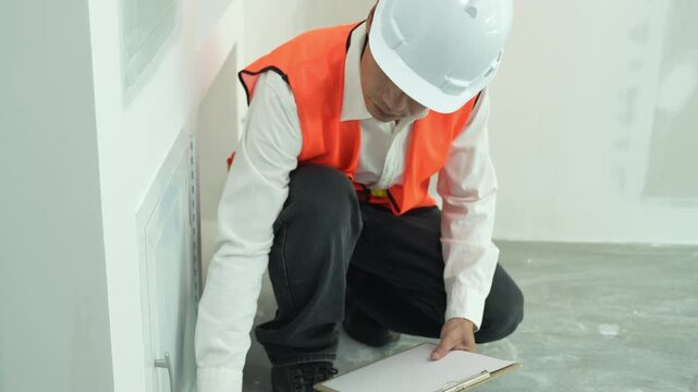 inspector or engineer is inspecting construction and quality assurance new house using a checklist. Engineers or architects or contactor work to build the house before handing it over to the homeowner