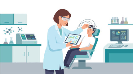 Fototapeta premium Female scientist monitoring patient brain activity flat vector illustration for neuroscience research and medical health diagnostics concept