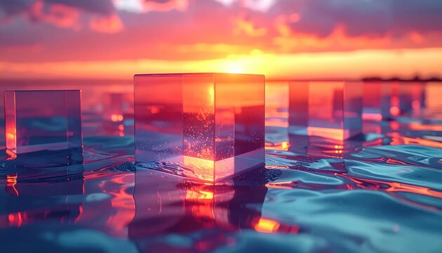 Glass cubes floating on ocean water at sunset