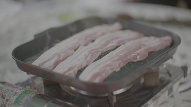 삼겹살 돼지고기 불판 생고기 구이 육류 한식 식재료 조리 야외 캠핑 가스버너 불판구이 요리 한국음식 클로즈업 디테일 식사 외식 고기 캠핑요리 야외요리 고기구이 생삼겹살 휴대용버너