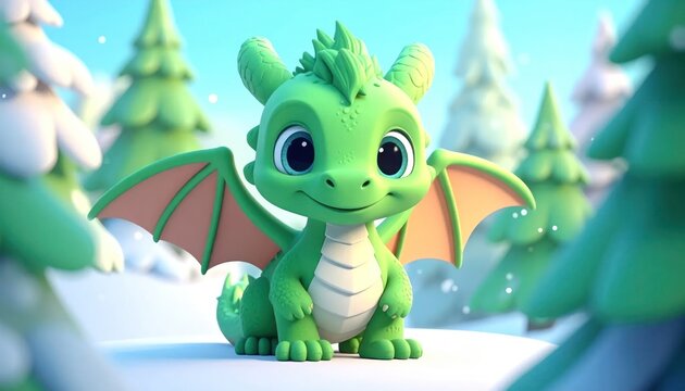 Cute green baby dragon sitting in snowy winter forest