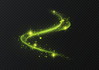 Obraz premium Green glowing magic light trail with sparkling particles, bright stars and dynamic curved swirl. Abstract vector energy effect.