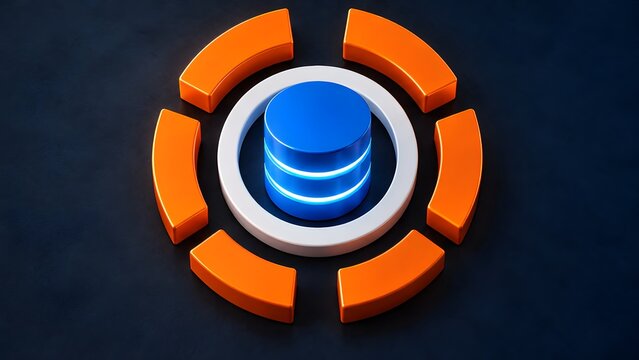 Centralized blue database server icon surrounded by protective orange segmented rings representing data security and cloud storage infrastructure