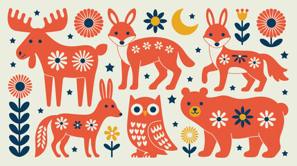 Fototapeta premium Scandinavian folk art style illustration with cute forest animals like moose, fox, owl, and bear decorated with floral patterns on a light cream background