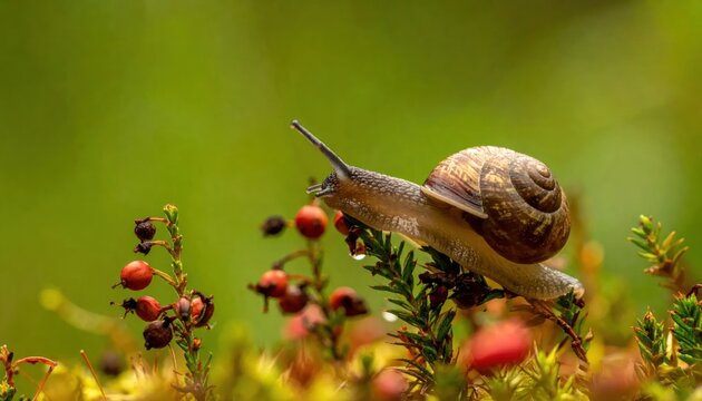 Brown snail crawling on green plants with small red berries