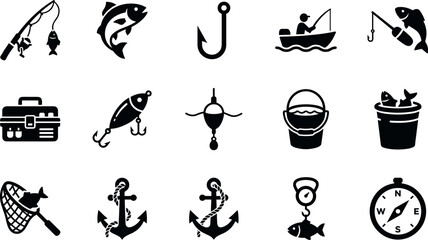 Fishing Icon Set – 15 Black Vector Icons for Rod, Fish, Hook and Tackle Equipment © Creative Studio