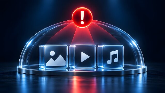 3D conceptual illustration of digital media files including image video and music protected under a glowing blue dome with a red alert warning sign