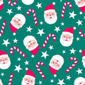 Cute Santa Claus, candy cane and star seamless pattern design for Christmas and new year background.