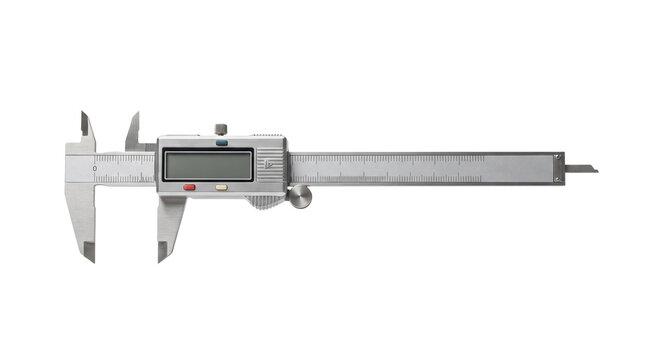 Digital vernier caliper for precision measurement, stainless steel electronic micrometer tool, industrial sliding gauge for engineering and carpentry isolated PNG with Transparent Background