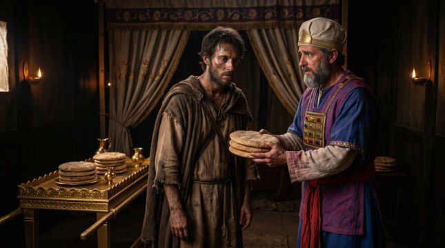 Ahimelech the priest handing the sacred Bread of the Presence to an exhausted, fleeing David at the sanctuary of Nob