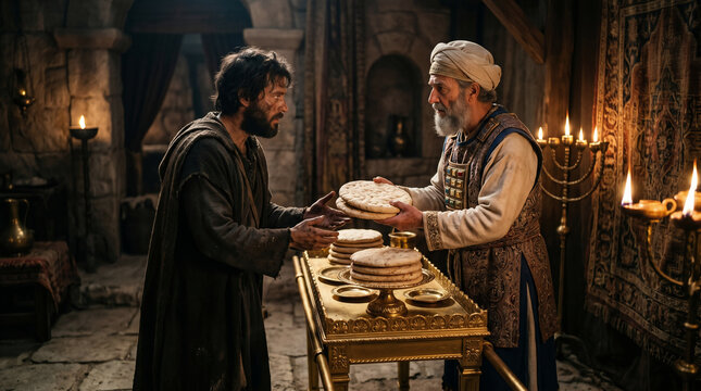 Ahimelech the priest handing the sacred Bread of the Presence to an exhausted, fleeing David at the sanctuary of Nob