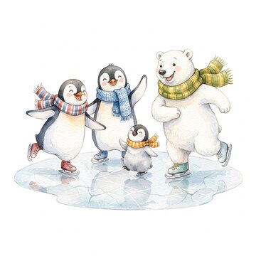 Watercolor illustration of a polar bear and penguins wearing scarves ice skating on a frozen pond
