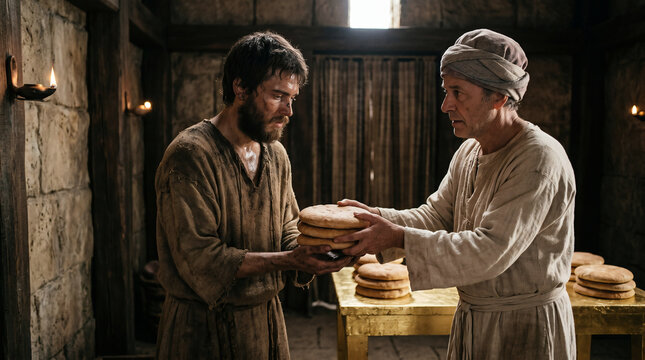 Ahimelech the priest handing the sacred Bread of the Presence to an exhausted, fleeing David at the sanctuary of Nob